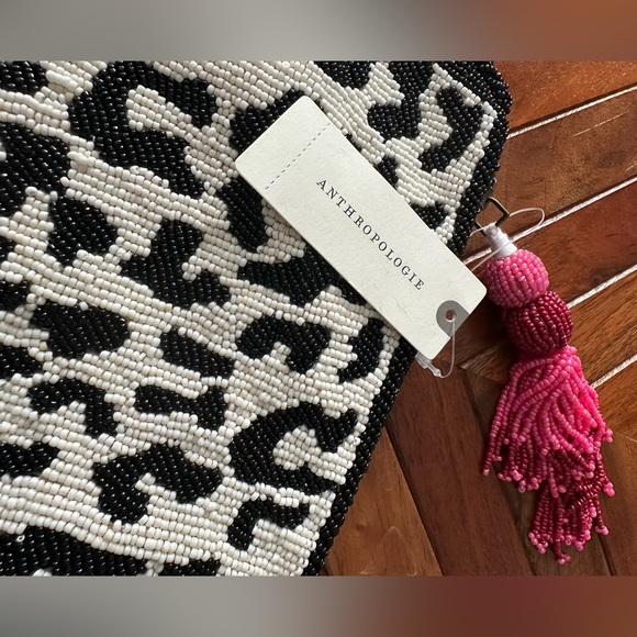Anthropologie Black & White Beaded Leopard Clutch with Pink Tassel - Picture 2 of 13